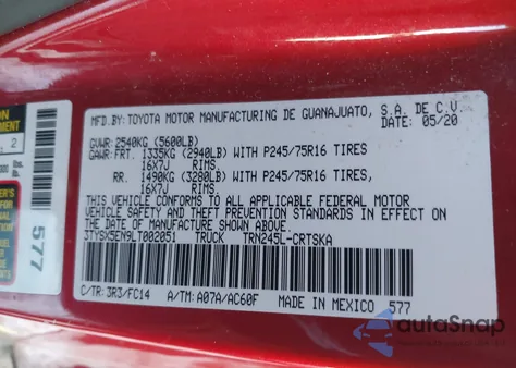 2020 Toyota Tacoma Sr5 from USA, damaged, VIN 3TYSX5EN9LT002051